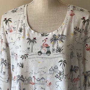CJ Banks 3/4 Sleeve Tropical Christmas Tee   Cotton   White/Mixed Tropical    2X